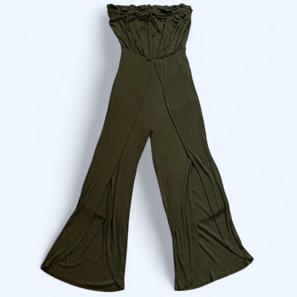 Essue Small Dark Green Ribbed Strapless Jumpsuit Wide Leg Cropped Slit Pants